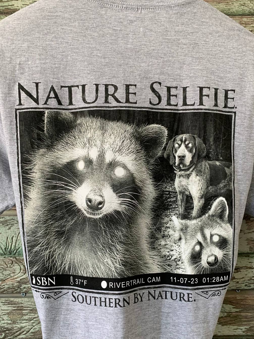 Men's Hunting Tee, Top Seller, Trail-cam Raccoon Selfie.